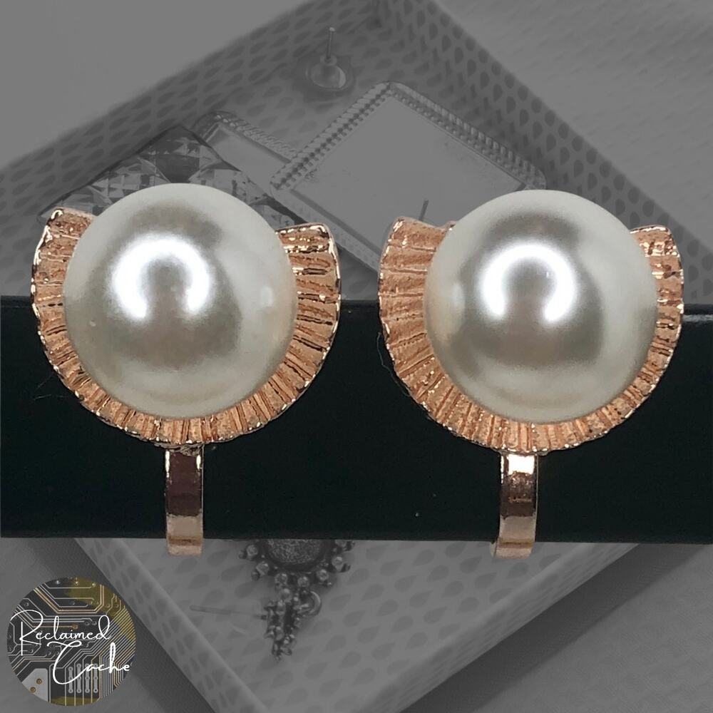 Rose Gold Clam Shell and Pearl Clip-On Stud Earrings